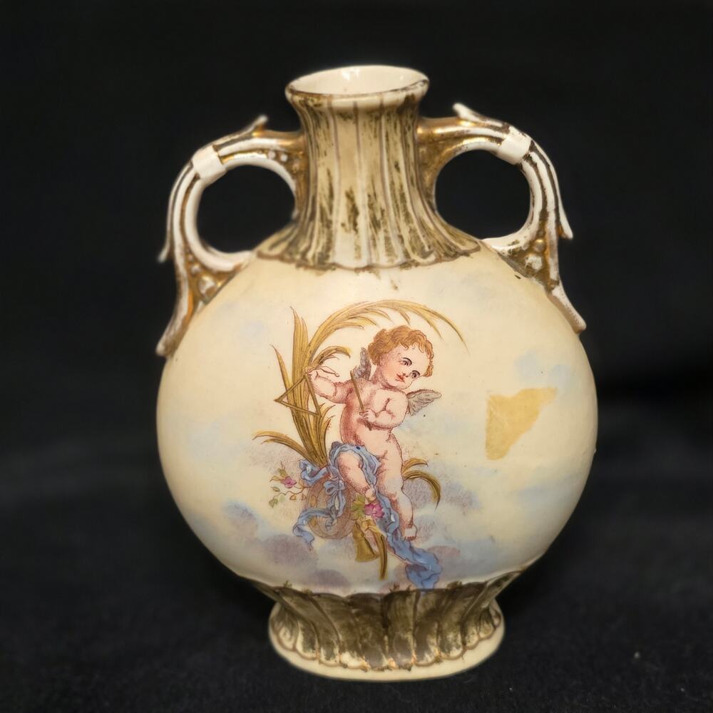 Antique Porcelain Cherub Vase Double Handle Gilt Rococo Victorian #176 c1900